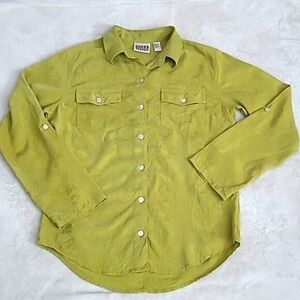 Chicos Design Women's Silk Collared Blouse Green Size 0 Roll Tab Sleeve Floral